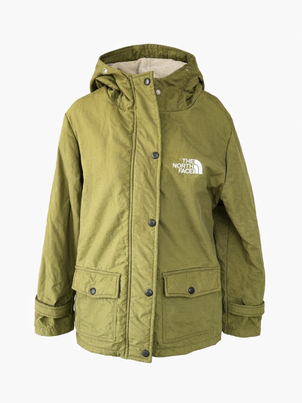 The North Face Olive Green Fleece-Lined Hooded Utility Jacket Snap Front Coat